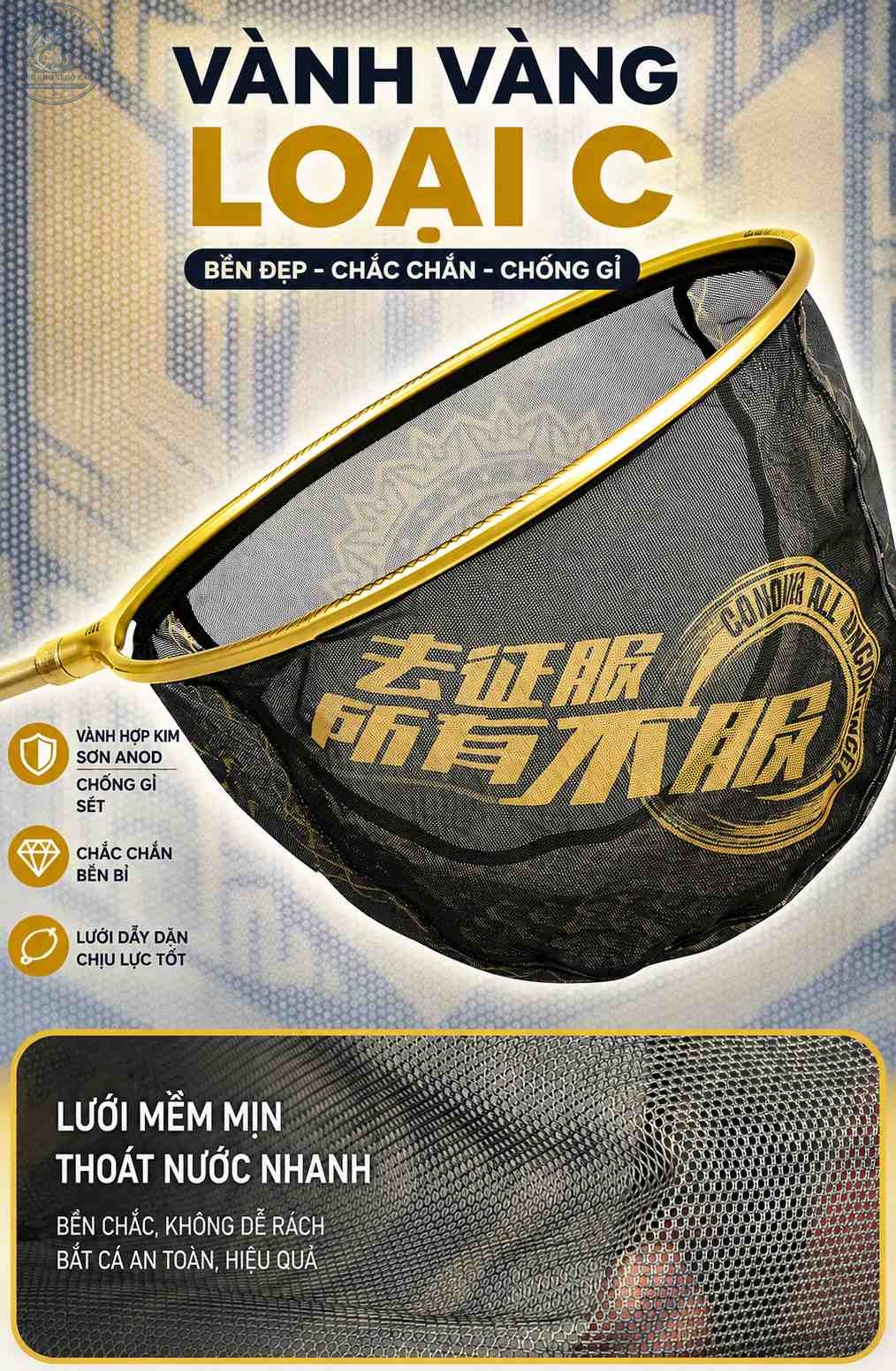Vành Vợt Vàng-Đen Loại C Liền Khối Câu Cá Cao Cấp MINGTU 40cm-PK155