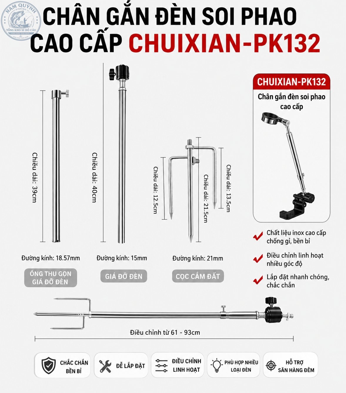 Chân cắm đất gắn đèn soi phao cao cấp Chuixian-PK132 Chân cắm đất gắn đèn soi phao cao cấp Chuixian-PK132