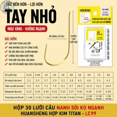 Hộp 30 Lưỡi Câu Nanh Sói Huansheng Hợp Kim Titan Vàng Ko Ngạnh-Đen Có Ngạnh-LC99