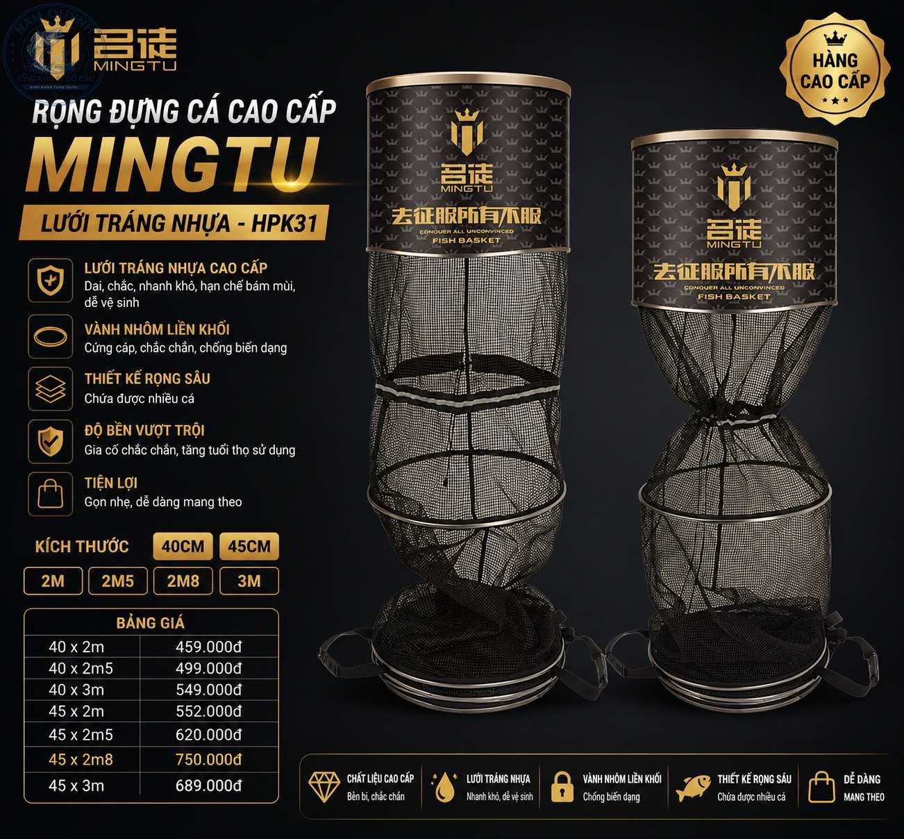 Rọng Đựng Cá Cao Cấp MINGTU Lưới Tráng Nhựa Mẫu Mới-HPK31