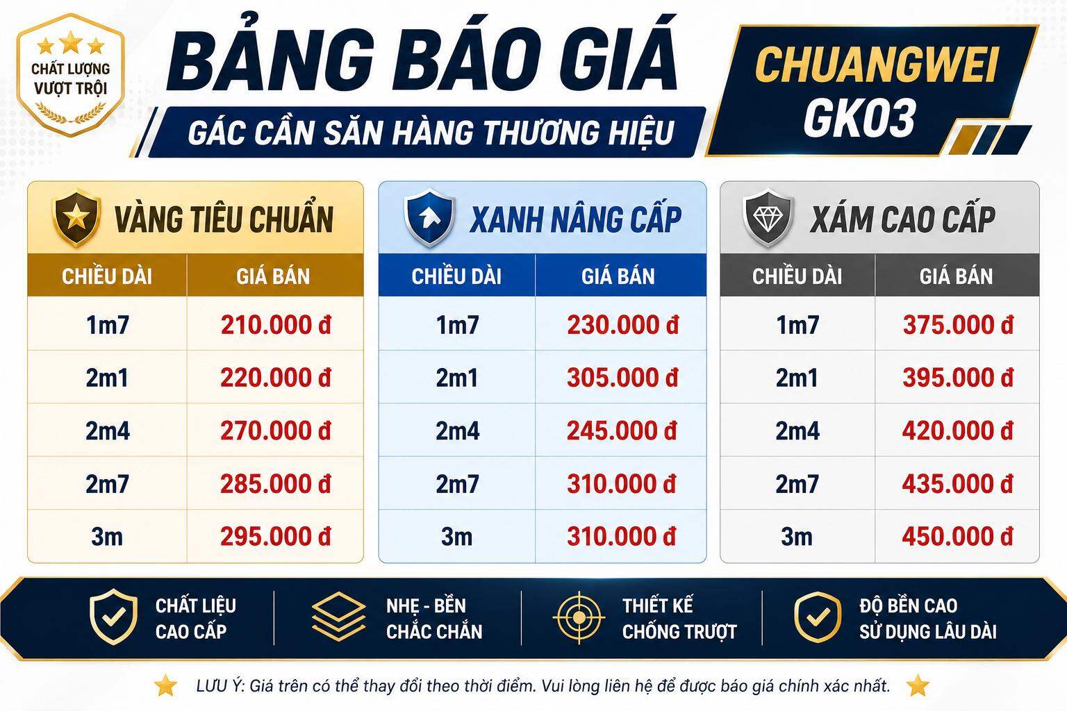 Bảng giá gác cần săn hàng Chuangwei GK01