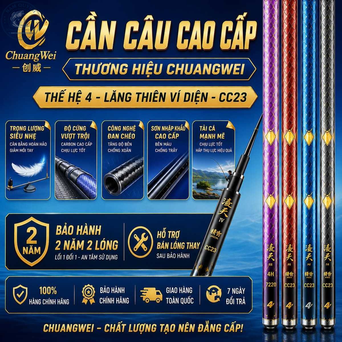 [BH 2 năm 2 lóng] Cần Câu Cao Cấp Lăng Thiên Vĩ Diện-Thương Hiệu ChuangWei Thế Hệ 4-CC23
