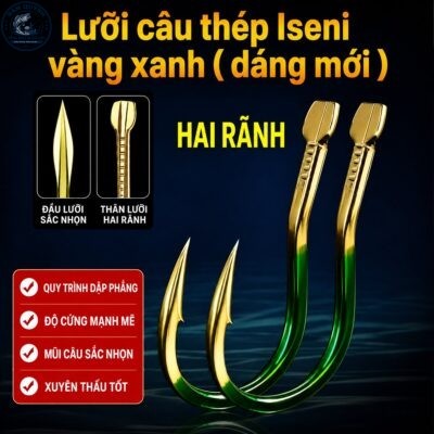 Vỉ 10 Lưỡi Câu Thép Iseni Vàng Xanh (Cán Nghiêng 15 Độ) Chính Hãng Cj Seiko – LC85